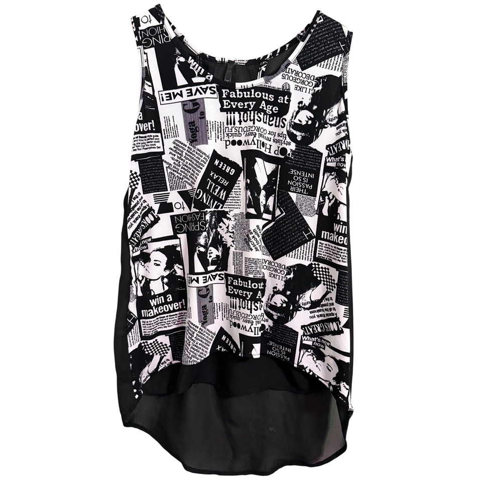 YETTS Los Angeles Black‎ White Newspaper Print Sheer Back Tank Top